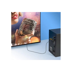 Black Manhattan Toslink digital optical audio cable connected between a black audio amplifier box and a flat screen monitor displaying a woman holding a vintage microphone against a colorful gradient background