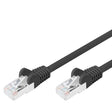 Black CAT6 network ethernet cable with RJ45 connectors, 3 metre length, showing both ends with molded boots and transparent connector tips
