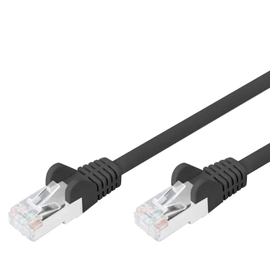 Black CAT6 network ethernet cable with RJ45 connectors, 3 metre length, showing both ends with molded boots and transparent connector tips