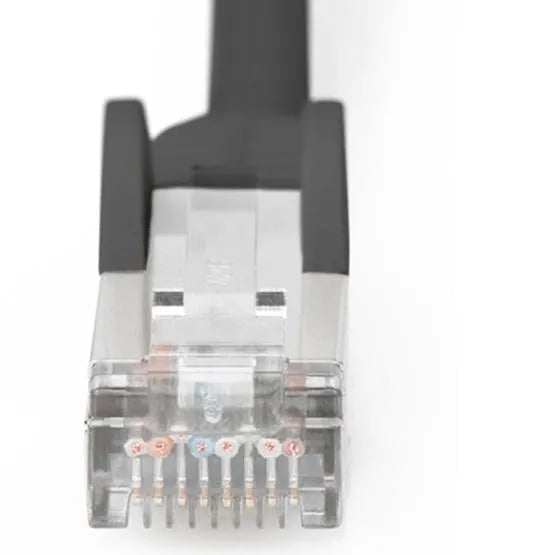 Digitus CAT6 network cable connector showing clear RJ45 plug head with internal copper pins and black strain relief boot attached to gray and white cable jacket, 3 metre length
