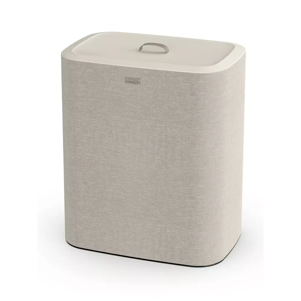 Joseph Joseph Tota Trio 90 litre laundry basket in cream ecru linen fabric with white lid and integrated handles