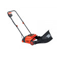 Black and Decker GD300 electric lawnraker with orange and black body, 300mm width, featuring long handle with cord, collection bag and front wheels on white background