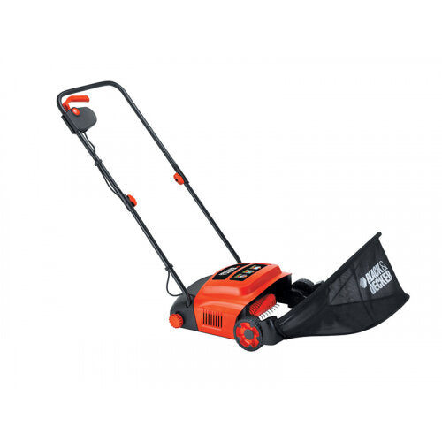 Black and Decker GD300 electric lawnraker with orange and black body, 300mm width, featuring long handle with cord, collection bag and front wheels on white background