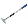 Faithfull heavy duty long handled scraper with 150mm wide metal blade, black foam grip and blue rubber handle on chrome steel shaft