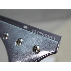 Faithfull Heavy Duty Long Handled Scraper 150mm showing close-up detail of gray metal blade with three silver rivets and branding text