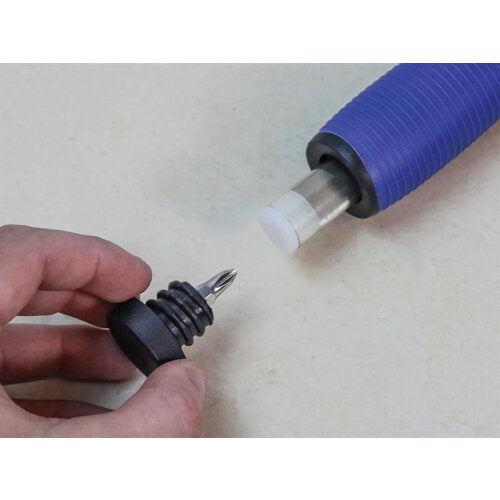 Close-up of a black plastic scraper head with metal blade held in hand next to a blue long-handled scraper with white ferrule on white surface