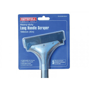 Faithfull Heavy Duty Long Handle Scraper 100mm with blue packaging showing metal scraper head and wooden handle