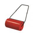 Red cylindrical garden roller with black push handle and wheels, Einhell GC-GR 57 model for lawn care and ground preparation