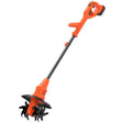 Black and Decker BETL1820L cordless garden tiller with orange handle and black tines, 18V lithium-ion powered, isolated on white background