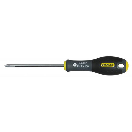 Stanley FatMax Phillips screwdriver with black and yellow handle, metal shaft, and PH1 x 100mm tip on white background