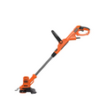 Black and Decker BESTA525 electric grass strimmer with orange and black body, extended shaft, pivoting head and power cord on white background