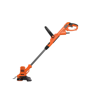 Black and Decker BESTA525 electric grass strimmer with orange and black body, extended shaft, pivoting head and power cord on white background