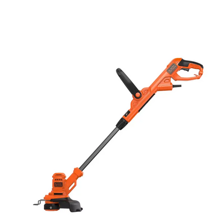 Black and Decker BESTA525 electric grass strimmer with orange and black body, extended shaft, pivoting head and power cord on white background