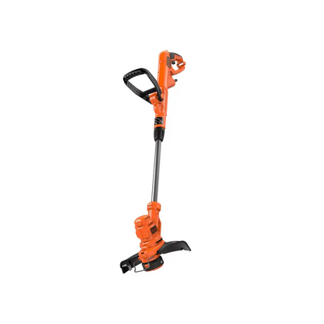 Black and Decker BESTA525 orange and black corded electric grass strimmer with handle and cutting head shown against white background