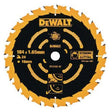 DeWalt ELITE Series circular saw blade 184mm diameter with 24 teeth, yellow and black design, featuring extreme framing cutting specification markings on black background