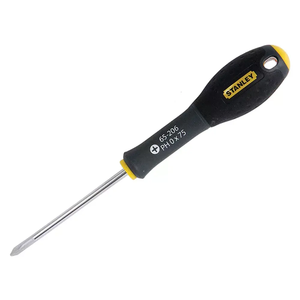 Stanley FatMax Phillips screwdriver PH0 x 75mm with black and yellow handle and metal shaft on white background