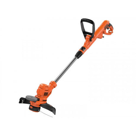 Black & Decker BESTA530 corded grass strimmer with orange and black body, long shaft, and cutting head against white background