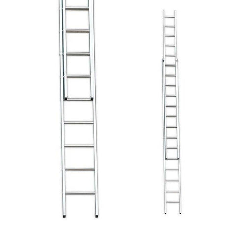 Two-section aluminum extension ladder 20ft Stradbally brand shown extended and collapsed positions with metal rungs and silver finish against white background