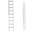 Stradbally 11ft two-section aluminum extension ladder shown in extended and collapsed positions with silver metallic finish and horizontal rungs