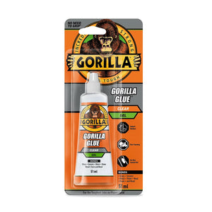 Gorilla Glue Clear Gel 51ml bottle on orange and grey packaging featuring gorilla logo with text highlighting no need to grip, indoor/outdoor use, non-foaming formula and bonds glass ceramic metal stone wood and foam