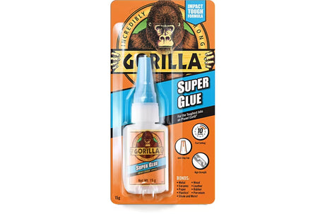 Gorilla Super Glue 15g bottle on orange and blue packaging featuring gorilla logo, impact tough formula label, with product specifications and bonding material icons displayed