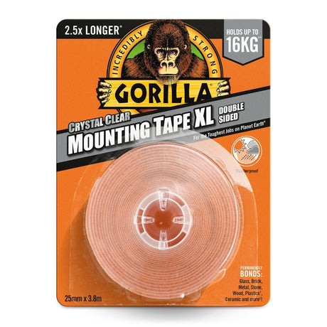 Gorilla Crystal Clear Mounting Tape XL double sided roll 25mm x 3.8m on orange packaging with gorilla logo, holds up to 16kg, weatherproof