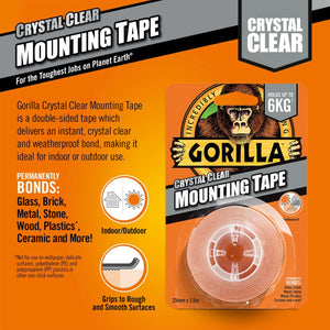 Gorilla Crystal Clear Mounting Tape product packaging showing double-sided transparent tape roll on orange background with gorilla logo, specifications for 25mm x 1.5m size, holds up to 6kg weight capacity, suitable for indoor outdoor use on glass brick metal stone wood and plastics