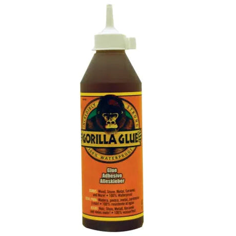 Gorilla Glue 1 litre bottle with orange and black label, cream colored cap, polyurethane adhesive for woodworking and general bonding