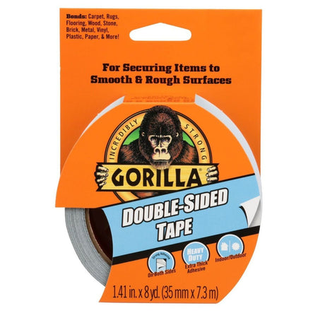 Gorilla Double-Sided Tape 35mm x 7.3m packaging with orange and blue label featuring gorilla logo, suitable for securing items to smooth and rough surfaces indoors and outdoors