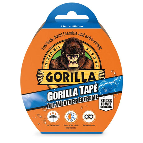 Gorilla All-Weather Extreme Tape packaging 11m x 48mm black duct tape with gorilla logo on orange and blue box featuring waterproof and temperature resistant icons