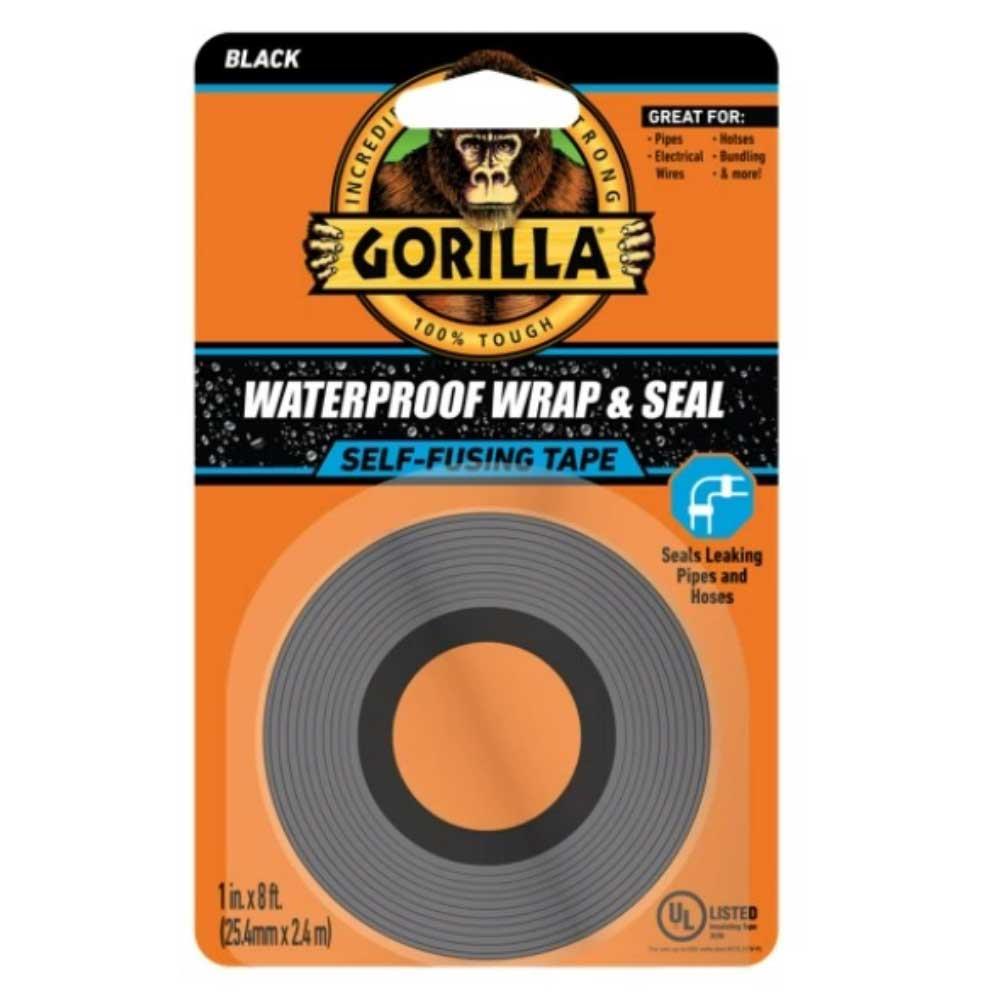 Gorilla Waterproof Wrap and Seal self-fusing silicone tape in black, 1 inch by 8 feet roll, displayed on orange and black product packaging with gorilla logo