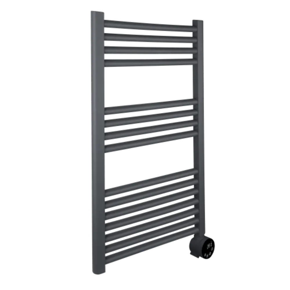 Masterplug SmartEnergy Thermaline 500W heated towel rail in anthracite grey with horizontal bars and integrated thermostat control dial at base, 870mm height