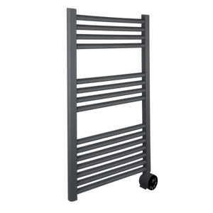 Masterplug SmartEnergy Thermaline 500W heated towel rail in anthracite grey with horizontal bars and integrated thermostat control dial at base, 870mm height