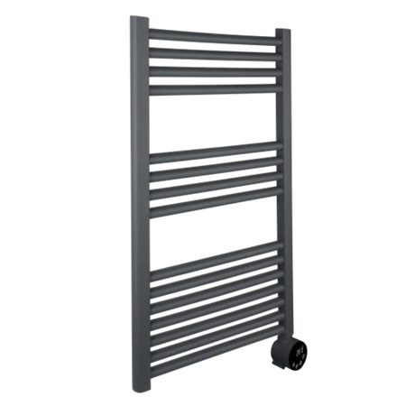 Masterplug SmartEnergy Thermaline 500W heated towel rail in anthracite grey with horizontal bars and integrated thermostat control dial at base, 870mm height