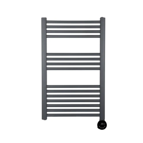 Grey electric heated towel rail with horizontal bars, 870mm height, featuring digital thermostat control dial at bottom right corner