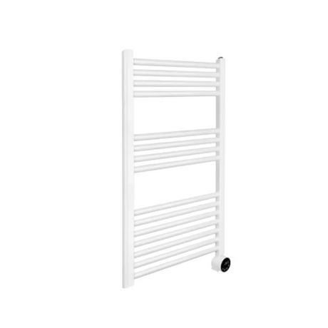 White electric heated towel rail with horizontal bars and wheels at the base, 500w Masterplug SmartEnergy Thermaline model