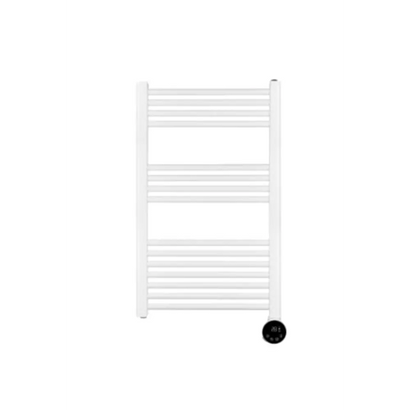 White electric heated towel rail with horizontal bars and digital thermostat control, modern minimalist design