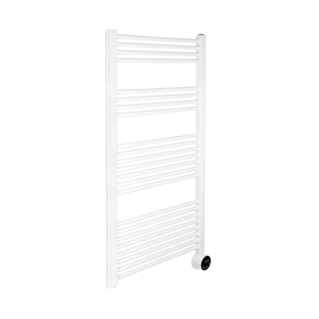 White electric heated towel rail with horizontal bars and integrated wheels at the base, 1320mm height, Masterplug SmartEnergy Thermaline model