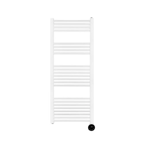 White electric heated towel rail with horizontal bars and digital thermostat control, 1320mm height, Masterplug SmartEnergy Thermaline model