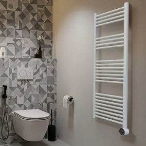 White heated towel rail mounted on bathroom wall beside toilet with geometric patterned tiles, modern minimalist bathroom design