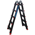 Black aluminium multi-purpose ladder with red feet and grey pivoting top caps, displayed in open A-frame position with blue branding stripe