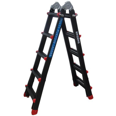 Black aluminium multi-purpose ladder with red feet and grey pivoting top caps, displayed in open A-frame position with blue branding stripe