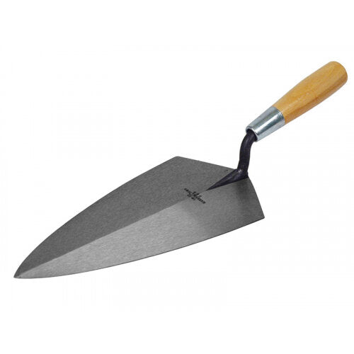 Marshalltown 19 Philadelphia Pattern Brick Trowel with wooden handle and metal ferrule, 11 inch steel blade on white background
