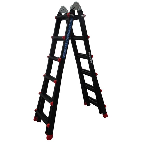 Dargan black aluminum multi-purpose ladder with red foot pads and hinged design, 4x6 steps shown in open A-frame position against white background