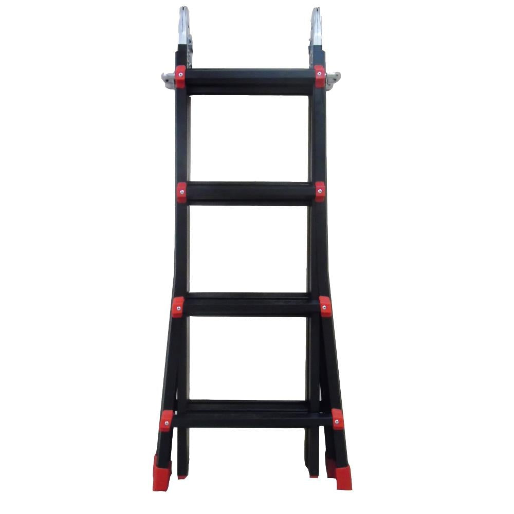 Black and red aluminium multi-purpose ladder with four rungs and silver hinged top sections, displayed against white background