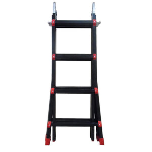 Black and red aluminium multi-purpose ladder with four rungs and silver hinged top sections, displayed against white background