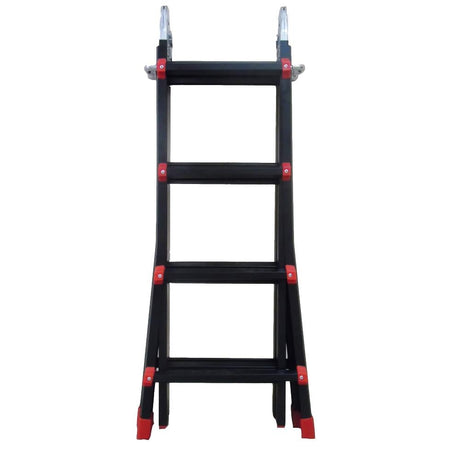 Black and red aluminium multi-purpose ladder with four rungs and silver hinged top sections, displayed against white background