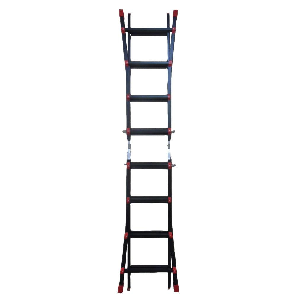 Dargan multi-purpose aluminium ladder 4x4 with black rungs and dark blue and red side rails shown in extended position against white background