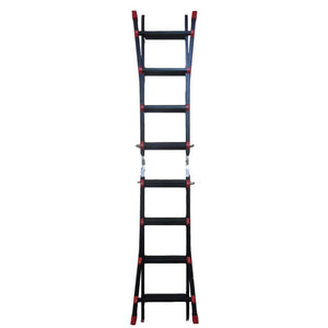 Dargan multi-purpose aluminium ladder 4x4 with black rungs and dark blue and red side rails shown in extended position against white background