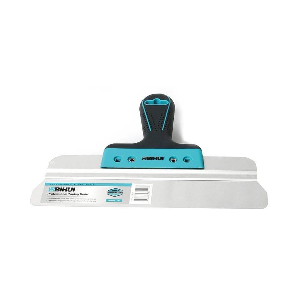 Bihui 300mm professional taping knife with turquoise and black handle on white blade, displayed with product packaging showing branding and specifications